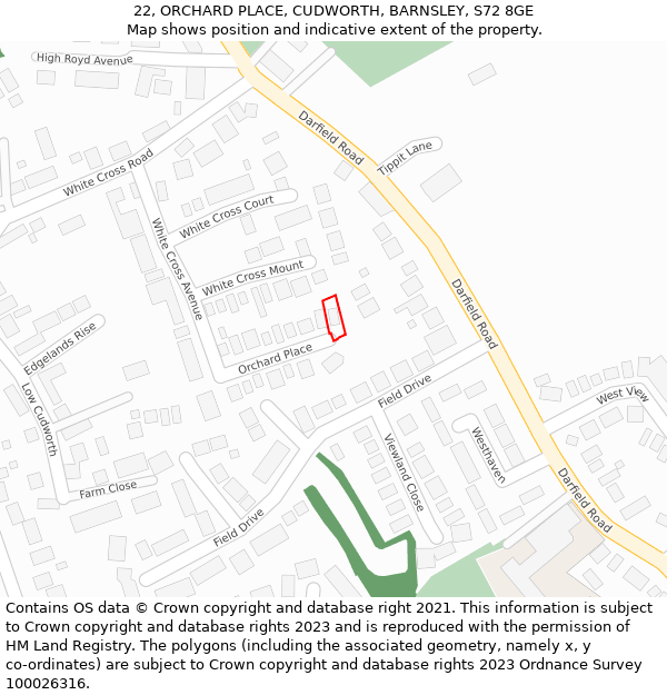 22, ORCHARD PLACE, CUDWORTH, BARNSLEY, S72 8GE: Location map and indicative extent of plot
