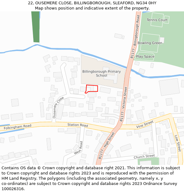 22, OUSEMERE CLOSE, BILLINGBOROUGH, SLEAFORD, NG34 0HY: Location map and indicative extent of plot