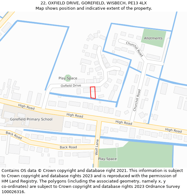 22, OXFIELD DRIVE, GOREFIELD, WISBECH, PE13 4LX: Location map and indicative extent of plot