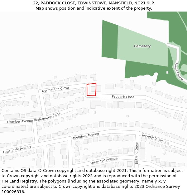 22, PADDOCK CLOSE, EDWINSTOWE, MANSFIELD, NG21 9LP: Location map and indicative extent of plot
