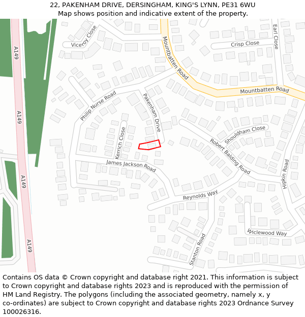 22, PAKENHAM DRIVE, DERSINGHAM, KING'S LYNN, PE31 6WU: Location map and indicative extent of plot