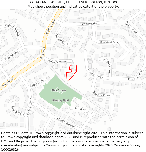 22, PARAMEL AVENUE, LITTLE LEVER, BOLTON, BL3 1PS: Location map and indicative extent of plot