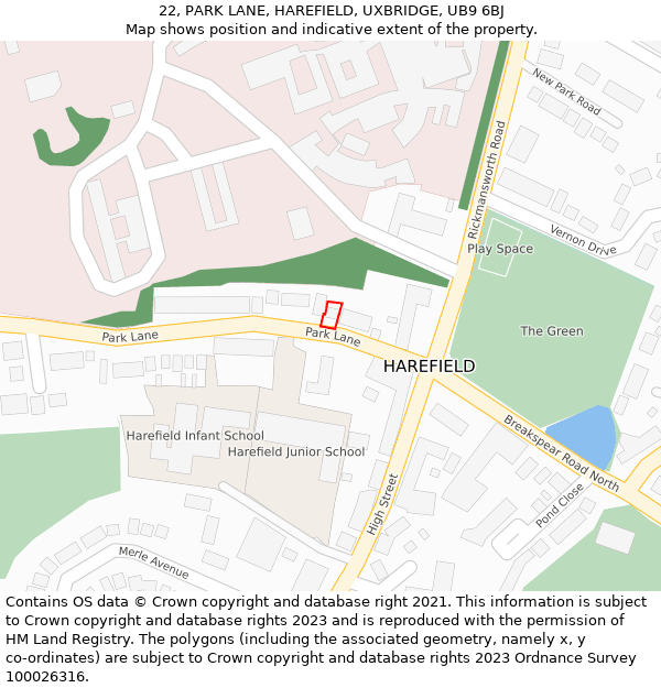 22, PARK LANE, HAREFIELD, UXBRIDGE, UB9 6BJ: Location map and indicative extent of plot