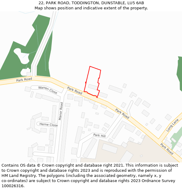 22, PARK ROAD, TODDINGTON, DUNSTABLE, LU5 6AB: Location map and indicative extent of plot