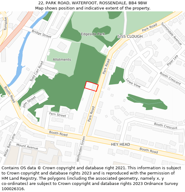 22, PARK ROAD, WATERFOOT, ROSSENDALE, BB4 9BW: Location map and indicative extent of plot