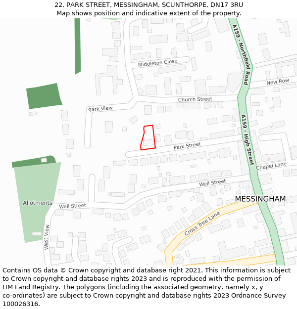 22, PARK STREET, MESSINGHAM, SCUNTHORPE, DN17 3RU: Location map and indicative extent of plot
