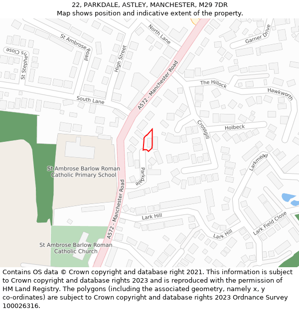 22, PARKDALE, ASTLEY, MANCHESTER, M29 7DR: Location map and indicative extent of plot
