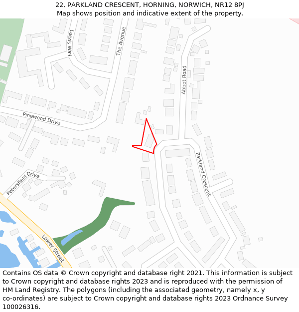 22, PARKLAND CRESCENT, HORNING, NORWICH, NR12 8PJ: Location map and indicative extent of plot