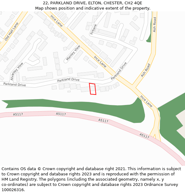 22, PARKLAND DRIVE, ELTON, CHESTER, CH2 4QE: Location map and indicative extent of plot