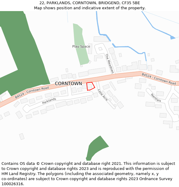 22, PARKLANDS, CORNTOWN, BRIDGEND, CF35 5BE: Location map and indicative extent of plot