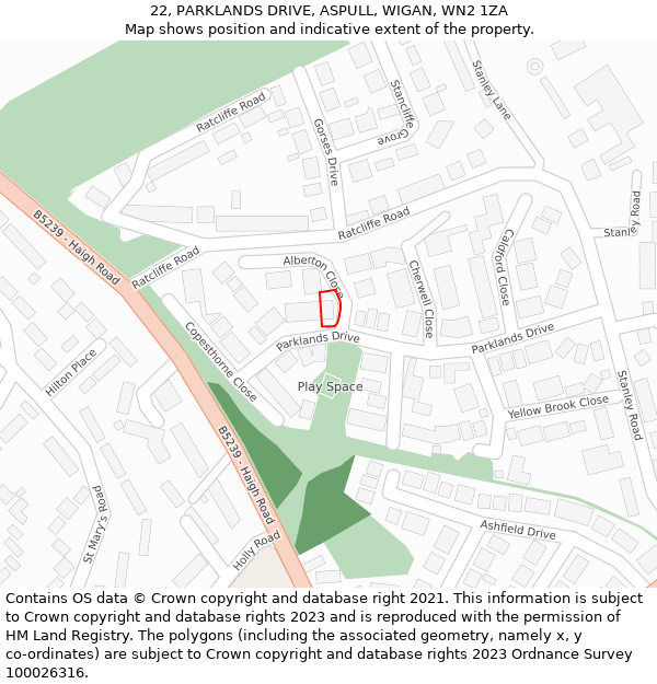 22, PARKLANDS DRIVE, ASPULL, WIGAN, WN2 1ZA: Location map and indicative extent of plot