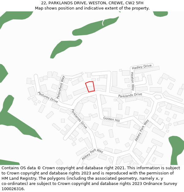 22, PARKLANDS DRIVE, WESTON, CREWE, CW2 5FH: Location map and indicative extent of plot