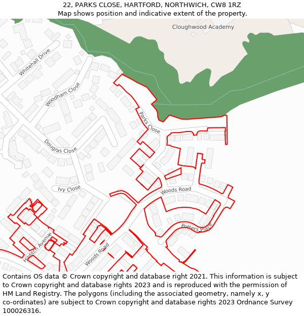 22, PARKS CLOSE, HARTFORD, NORTHWICH, CW8 1RZ: Location map and indicative extent of plot