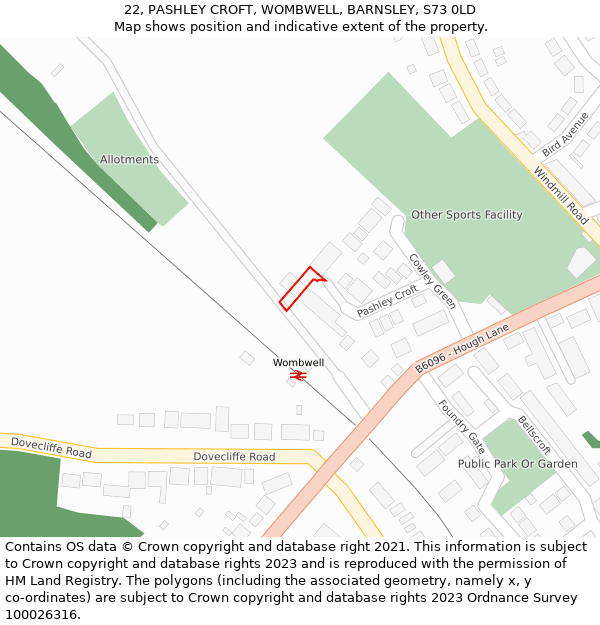 22, PASHLEY CROFT, WOMBWELL, BARNSLEY, S73 0LD: Location map and indicative extent of plot