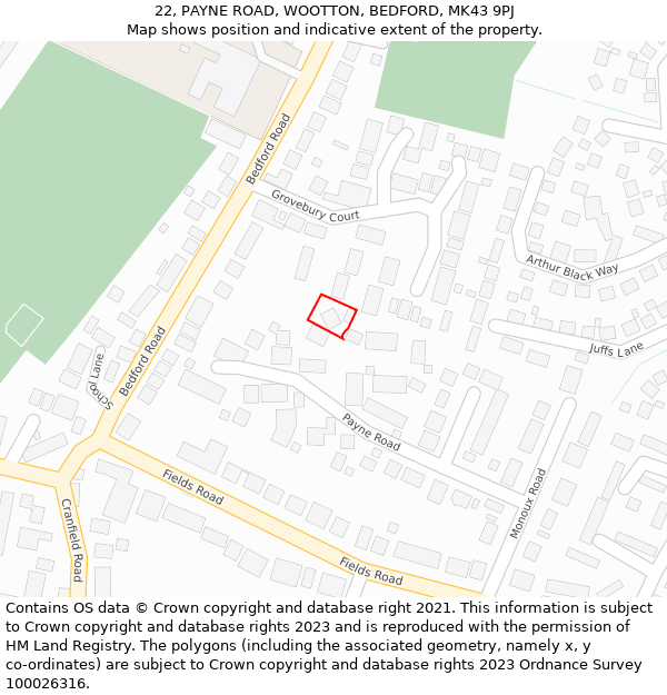 22, PAYNE ROAD, WOOTTON, BEDFORD, MK43 9PJ: Location map and indicative extent of plot