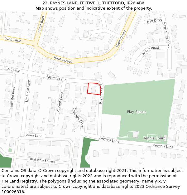 22, PAYNES LANE, FELTWELL, THETFORD, IP26 4BA: Location map and indicative extent of plot