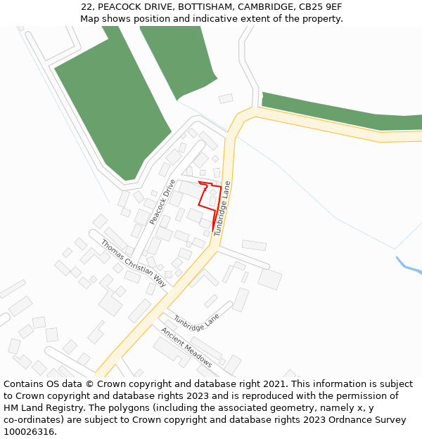 22, PEACOCK DRIVE, BOTTISHAM, CAMBRIDGE, CB25 9EF: Location map and indicative extent of plot