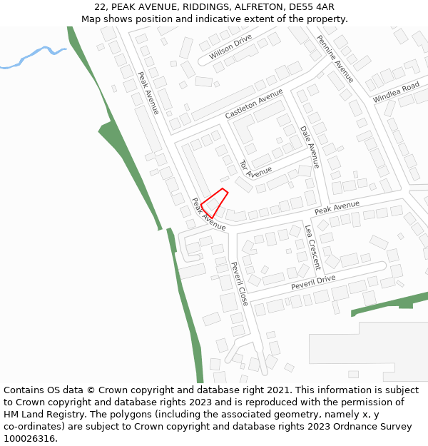 22, PEAK AVENUE, RIDDINGS, ALFRETON, DE55 4AR: Location map and indicative extent of plot