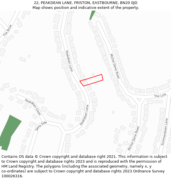 22, PEAKDEAN LANE, FRISTON, EASTBOURNE, BN20 0JD: Location map and indicative extent of plot