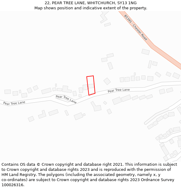 22, PEAR TREE LANE, WHITCHURCH, SY13 1NG: Location map and indicative extent of plot