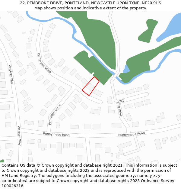 22, PEMBROKE DRIVE, PONTELAND, NEWCASTLE UPON TYNE, NE20 9HS: Location map and indicative extent of plot