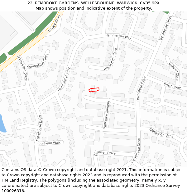 22, PEMBROKE GARDENS, WELLESBOURNE, WARWICK, CV35 9PX: Location map and indicative extent of plot