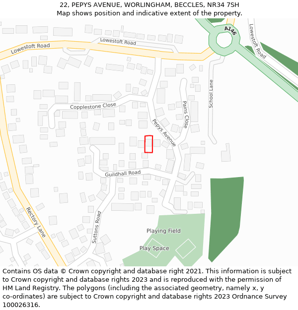 22, PEPYS AVENUE, WORLINGHAM, BECCLES, NR34 7SH: Location map and indicative extent of plot