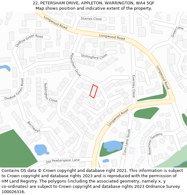 22, PETERSHAM DRIVE, APPLETON, WARRINGTON, WA4 5QF: Location map and indicative extent of plot