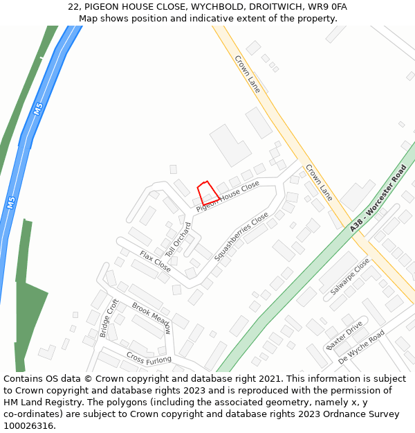 22, PIGEON HOUSE CLOSE, WYCHBOLD, DROITWICH, WR9 0FA: Location map and indicative extent of plot