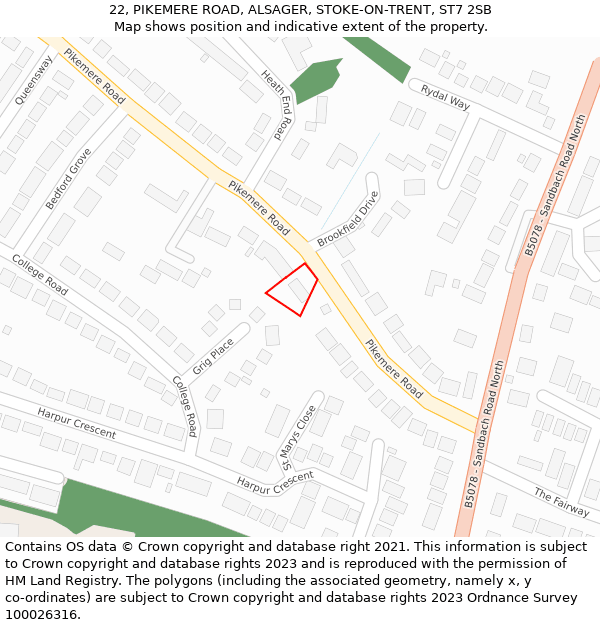 22, PIKEMERE ROAD, ALSAGER, STOKE-ON-TRENT, ST7 2SB: Location map and indicative extent of plot