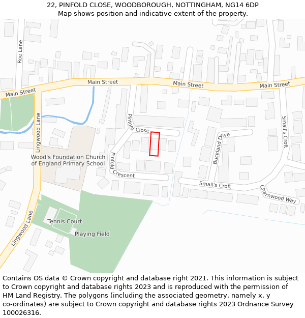 22, PINFOLD CLOSE, WOODBOROUGH, NOTTINGHAM, NG14 6DP: Location map and indicative extent of plot