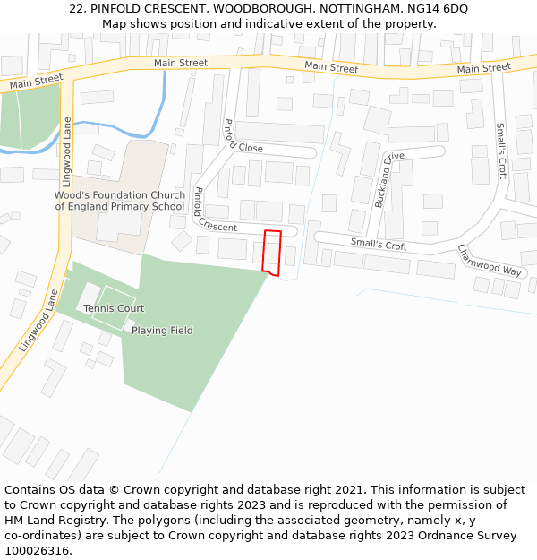 22, PINFOLD CRESCENT, WOODBOROUGH, NOTTINGHAM, NG14 6DQ: Location map and indicative extent of plot