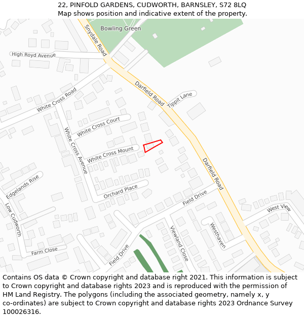 22, PINFOLD GARDENS, CUDWORTH, BARNSLEY, S72 8LQ: Location map and indicative extent of plot