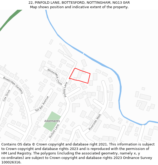 22, PINFOLD LANE, BOTTESFORD, NOTTINGHAM, NG13 0AR: Location map and indicative extent of plot