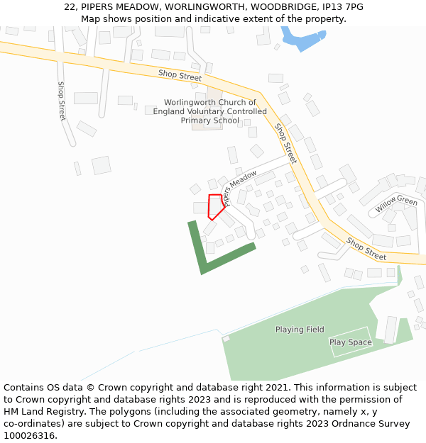 22, PIPERS MEADOW, WORLINGWORTH, WOODBRIDGE, IP13 7PG: Location map and indicative extent of plot
