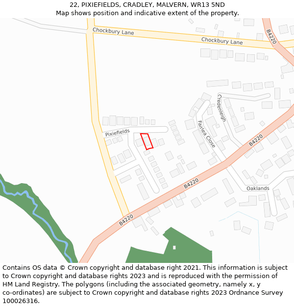 22, PIXIEFIELDS, CRADLEY, MALVERN, WR13 5ND: Location map and indicative extent of plot