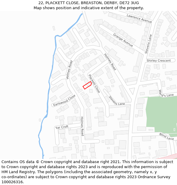 22, PLACKETT CLOSE, BREASTON, DERBY, DE72 3UG: Location map and indicative extent of plot