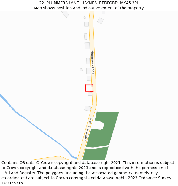 22, PLUMMERS LANE, HAYNES, BEDFORD, MK45 3PL: Location map and indicative extent of plot