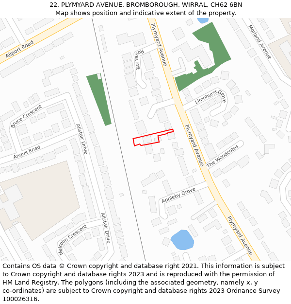 22, PLYMYARD AVENUE, BROMBOROUGH, WIRRAL, CH62 6BN: Location map and indicative extent of plot