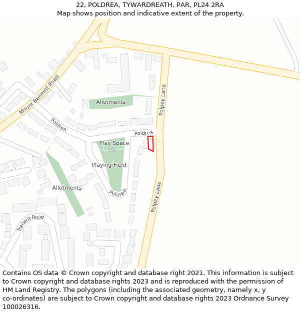 22, POLDREA, TYWARDREATH, PAR, PL24 2RA: Location map and indicative extent of plot