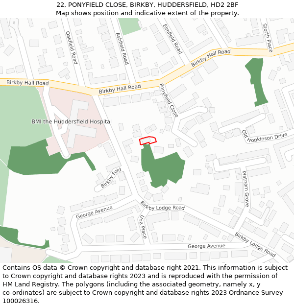22, PONYFIELD CLOSE, BIRKBY, HUDDERSFIELD, HD2 2BF: Location map and indicative extent of plot