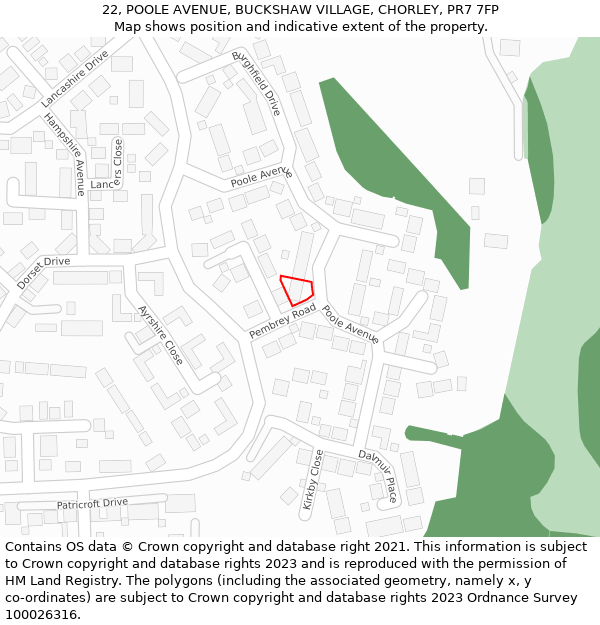 22, POOLE AVENUE, BUCKSHAW VILLAGE, CHORLEY, PR7 7FP: Location map and indicative extent of plot