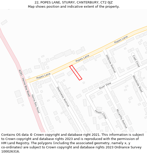 22, POPES LANE, STURRY, CANTERBURY, CT2 0JZ: Location map and indicative extent of plot