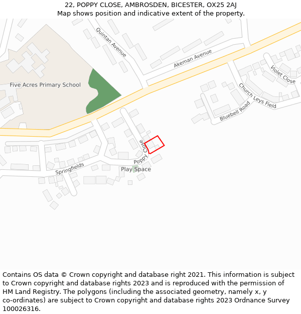 22, POPPY CLOSE, AMBROSDEN, BICESTER, OX25 2AJ: Location map and indicative extent of plot