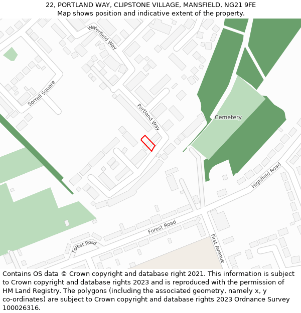 22, PORTLAND WAY, CLIPSTONE VILLAGE, MANSFIELD, NG21 9FE: Location map and indicative extent of plot