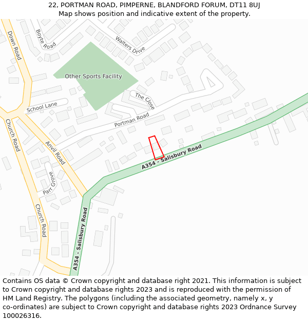 22, PORTMAN ROAD, PIMPERNE, BLANDFORD FORUM, DT11 8UJ: Location map and indicative extent of plot