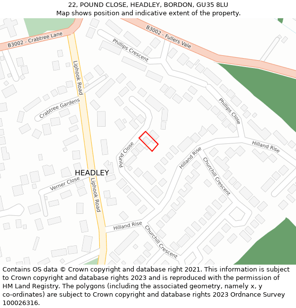 22, POUND CLOSE, HEADLEY, BORDON, GU35 8LU: Location map and indicative extent of plot