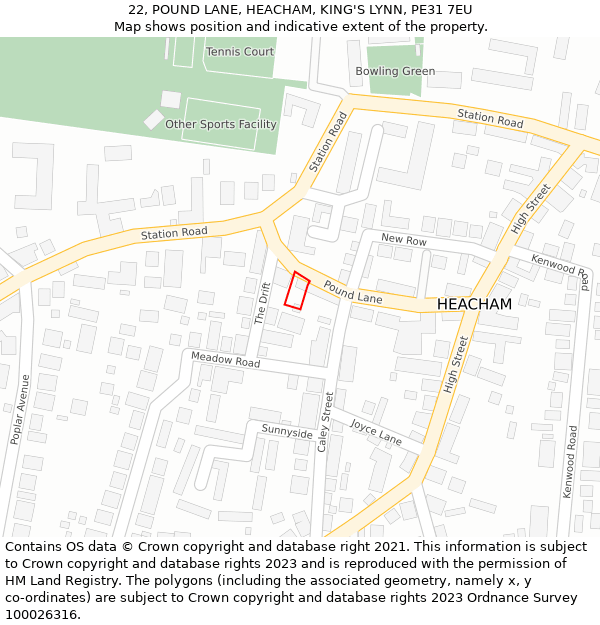 22, POUND LANE, HEACHAM, KING'S LYNN, PE31 7EU: Location map and indicative extent of plot