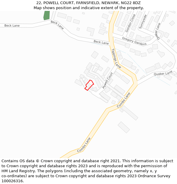 22, POWELL COURT, FARNSFIELD, NEWARK, NG22 8DZ: Location map and indicative extent of plot
