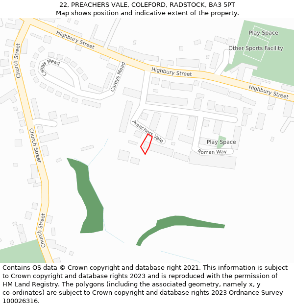 22, PREACHERS VALE, COLEFORD, RADSTOCK, BA3 5PT: Location map and indicative extent of plot